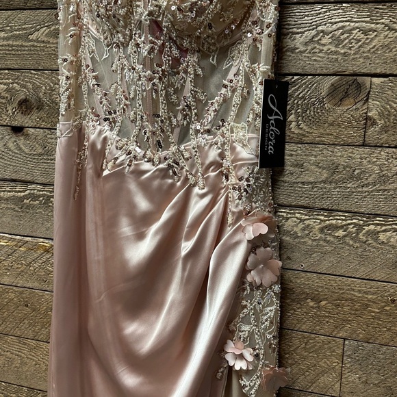 EMBROIDERED OFF SHOULDER CORSET SLIT GOWN BY ADORA 3132 in Champagne - Picture 6 of 8
